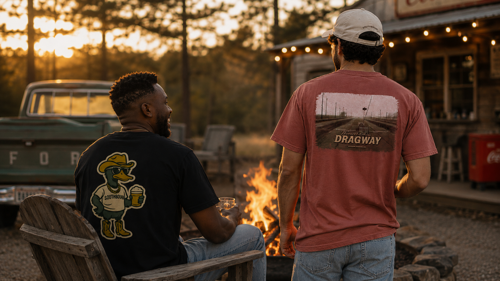 Two men sitting by a fire pit in a rustic outdoor setting with a truck and building in the background.